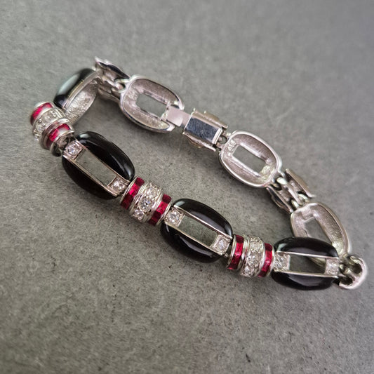 Vintage Armband in Schwarz-Silber mit roten Akzenten – Funkelnd & Elegant
