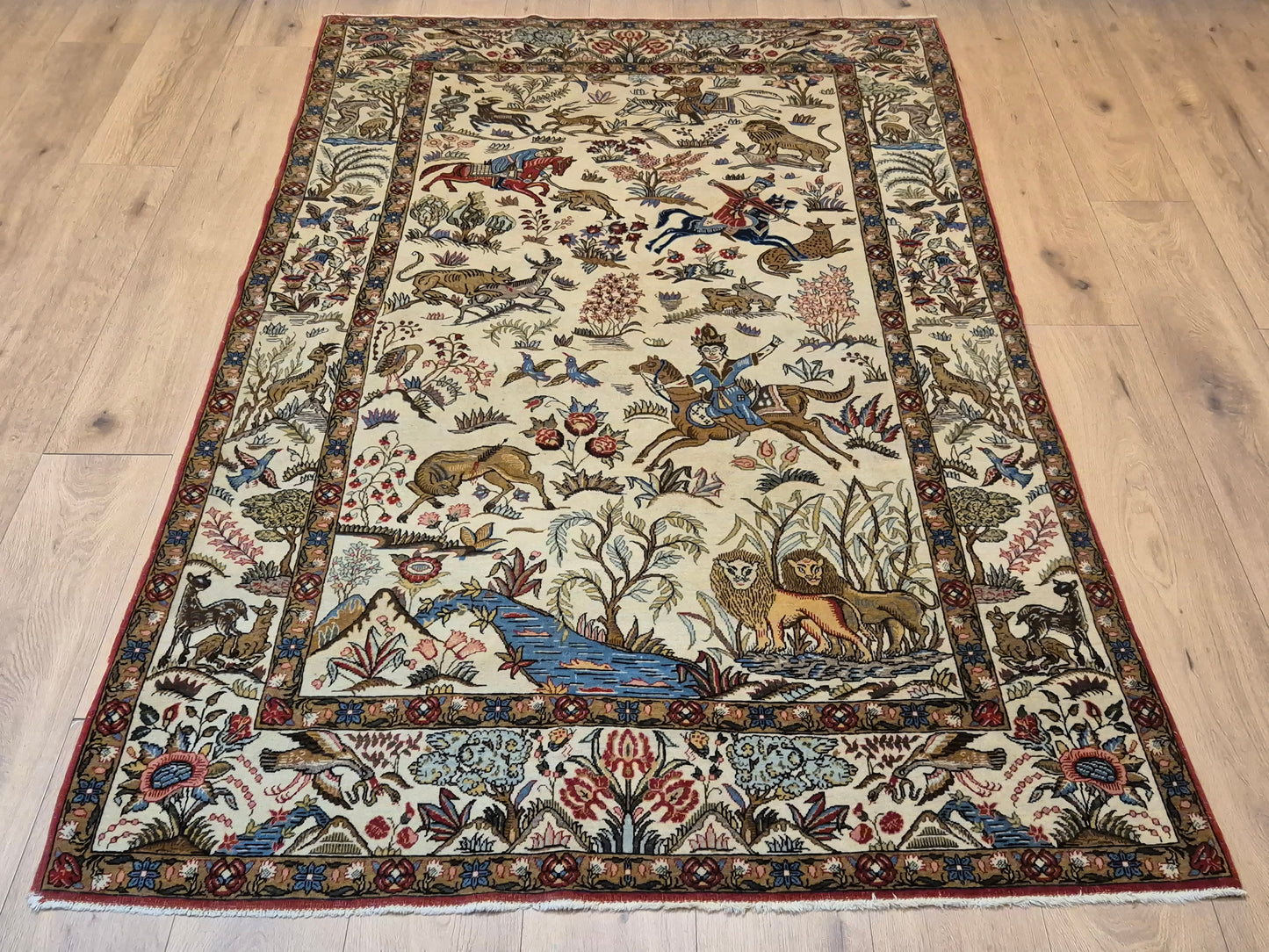 Orientteppich Ghom Teppich – Korkwolle, Jagdszene, semi-antik