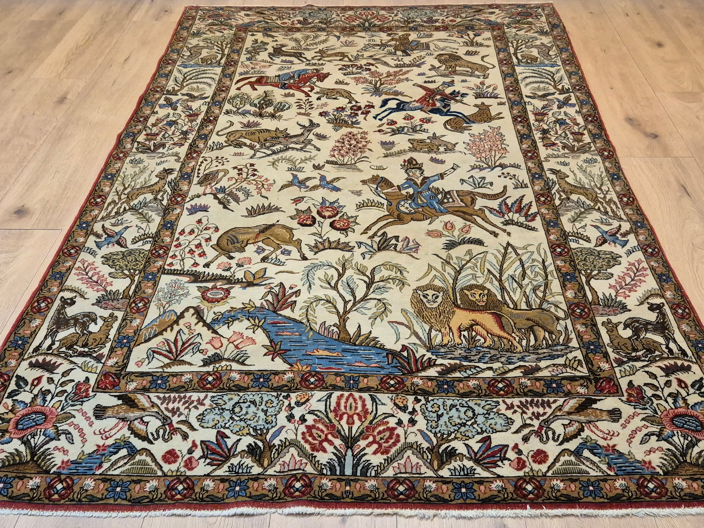 Orientteppich Ghom Teppich – Korkwolle, Jagdszene, semi-antik