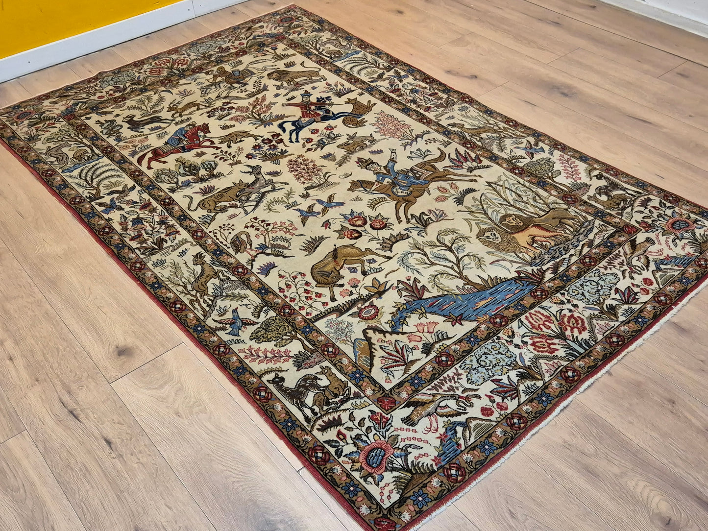 Orientteppich Ghom Teppich – Korkwolle, Jagdszene, semi-antik