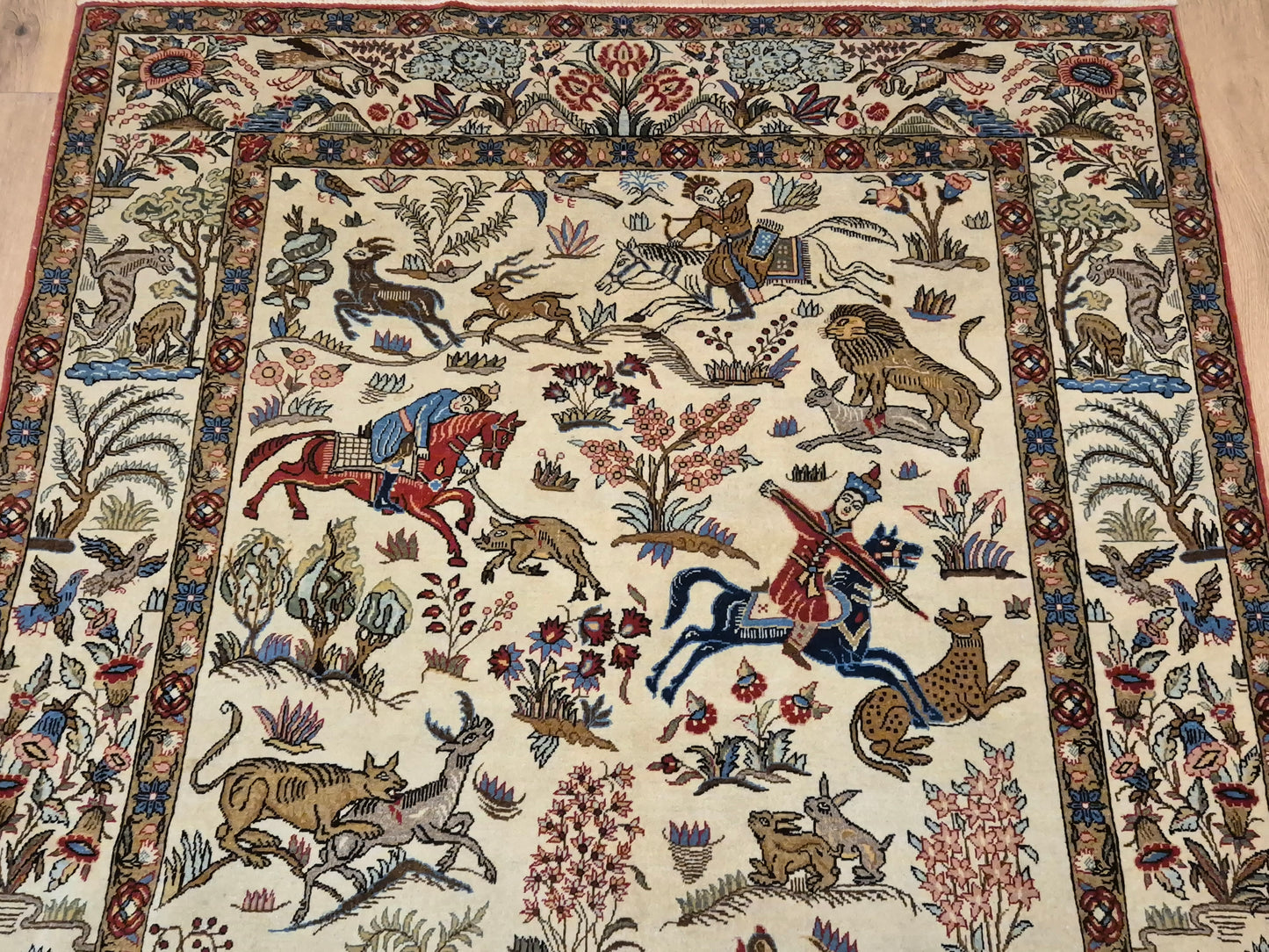 Orientteppich Ghom Teppich – Korkwolle, Jagdszene, semi-antik