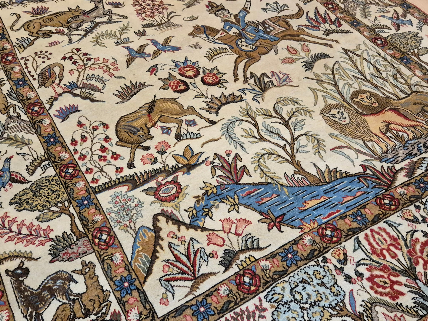 Orientteppich Ghom Teppich – Korkwolle, Jagdszene, semi-antik