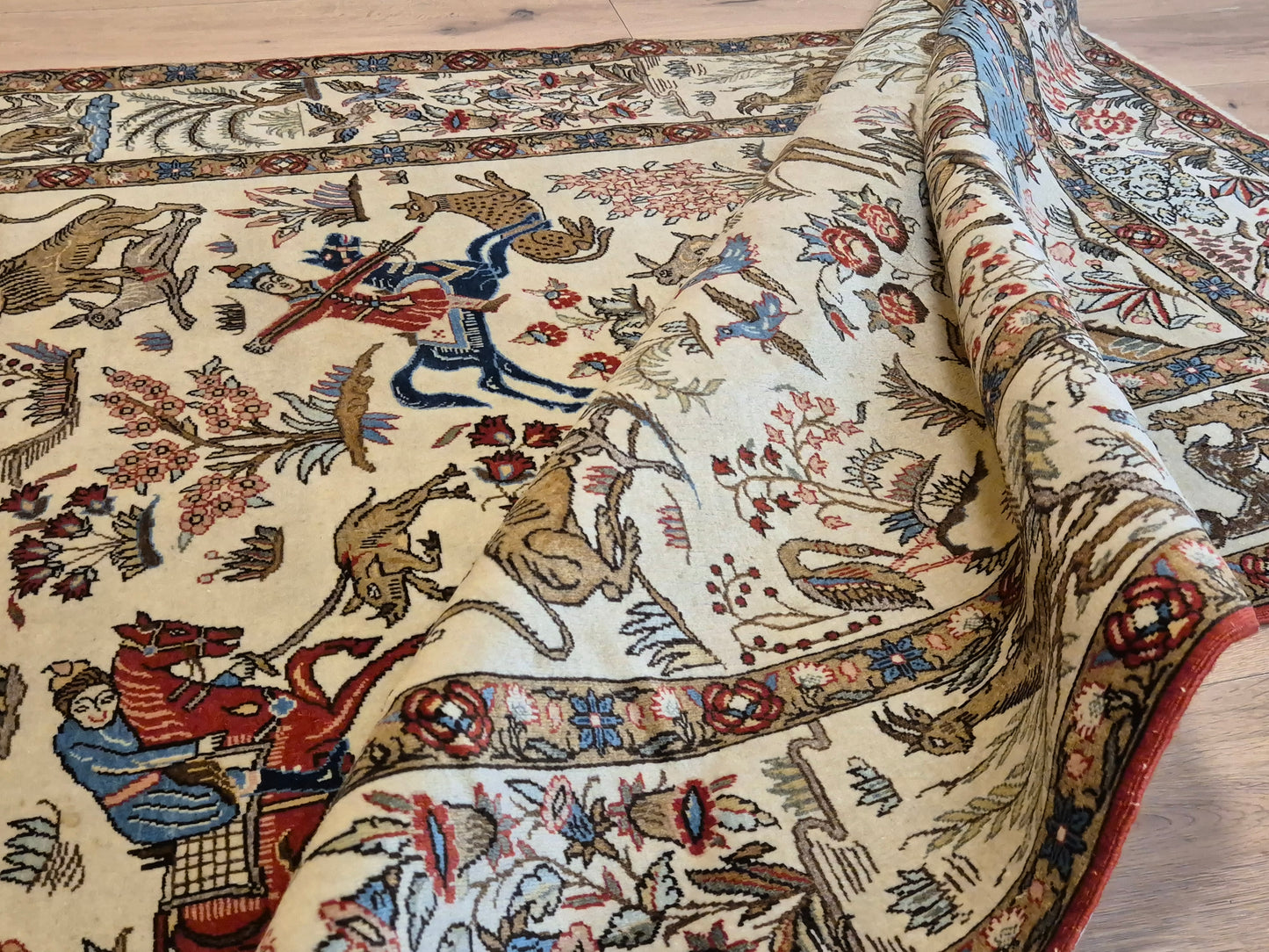 Orientteppich Ghom Teppich – Korkwolle, Jagdszene, semi-antik