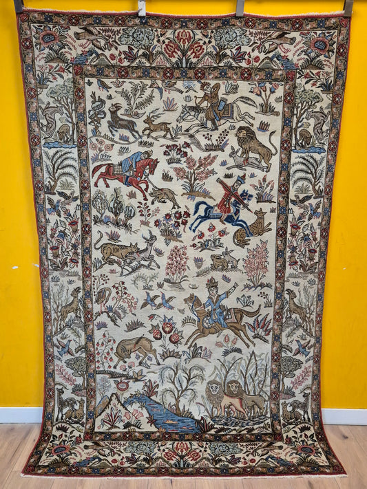Orientteppich Ghom Teppich – Korkwolle, Jagdszene, semi-antik
