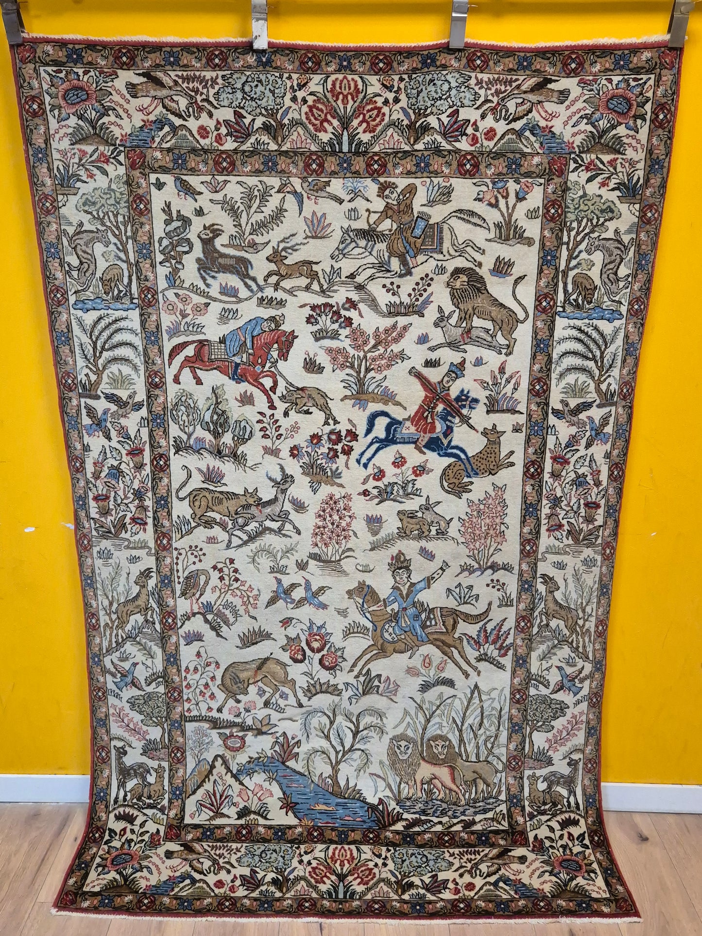 Orientteppich Ghom Teppich – Korkwolle, Jagdszene, semi-antik