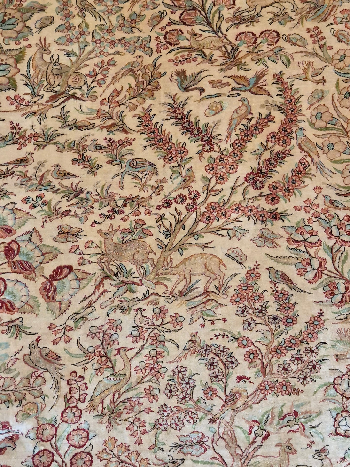 Ghom Teppich – Seide auf Seide, Paradiesgarten-Motiv, feine Knüpfung