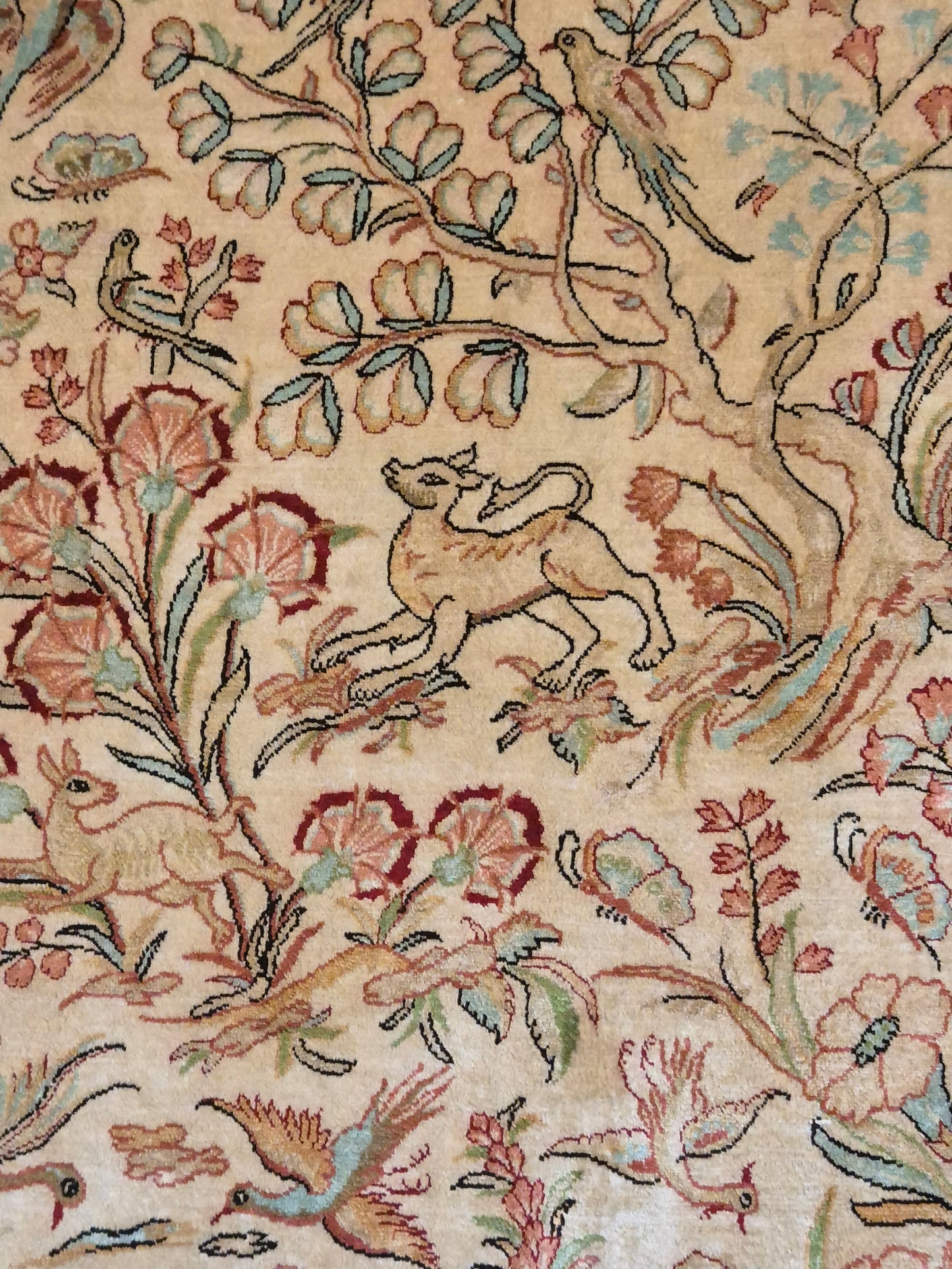 Ghom Teppich – Seide auf Seide, Paradiesgarten-Motiv, feine Knüpfung