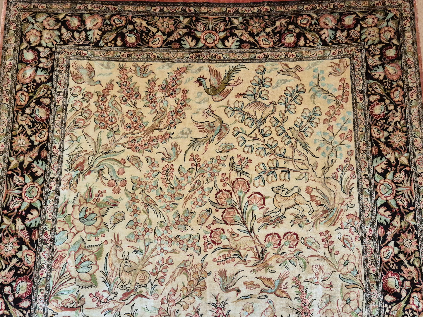 Ghom Teppich – Seide auf Seide, Paradiesgarten-Motiv, feine Knüpfung