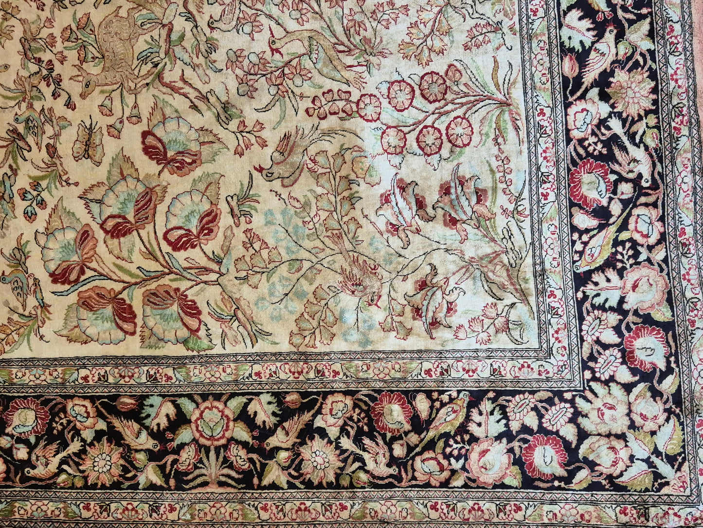 Ghom Teppich – Seide auf Seide, Paradiesgarten-Motiv, feine Knüpfung