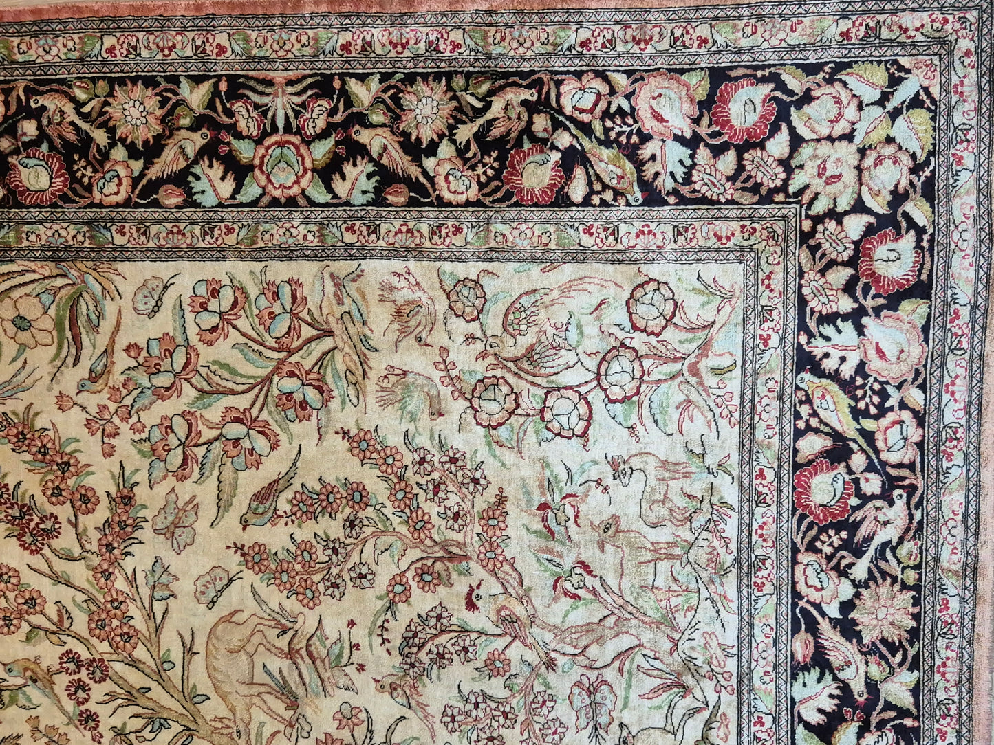 Ghom Teppich – Seide auf Seide, Paradiesgarten-Motiv, feine Knüpfung