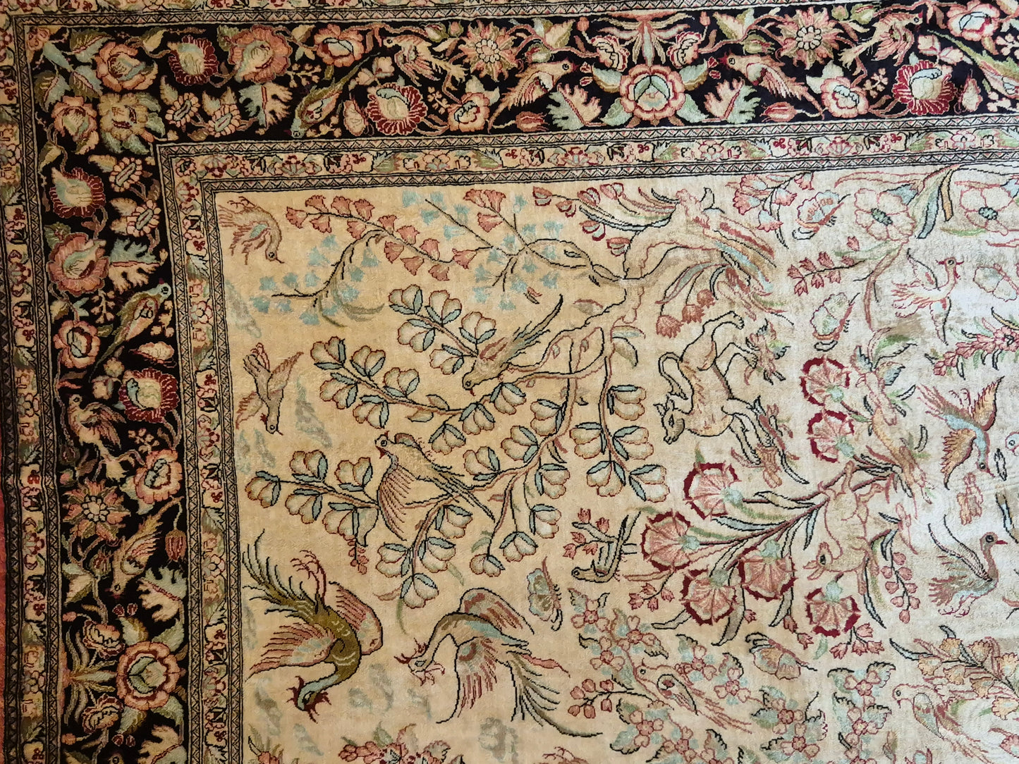 Ghom Teppich – Seide auf Seide, Paradiesgarten-Motiv, feine Knüpfung