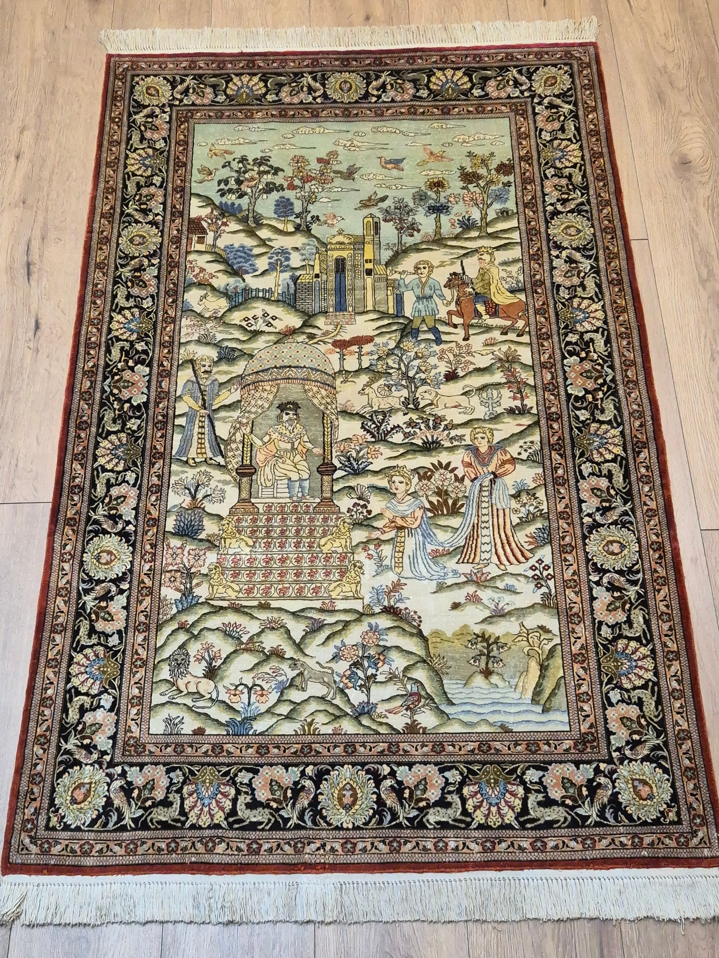 Ghom Teppich Seide auf Seide figürliche Darstellung feine Knüpfung