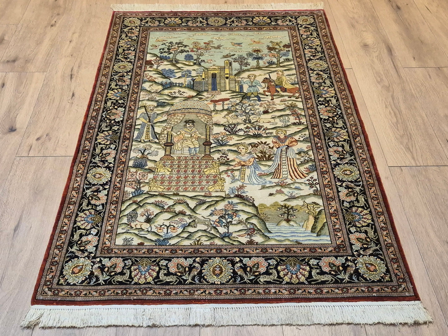 Ghom Teppich Seide auf Seide figürliche Darstellung feine Knüpfung