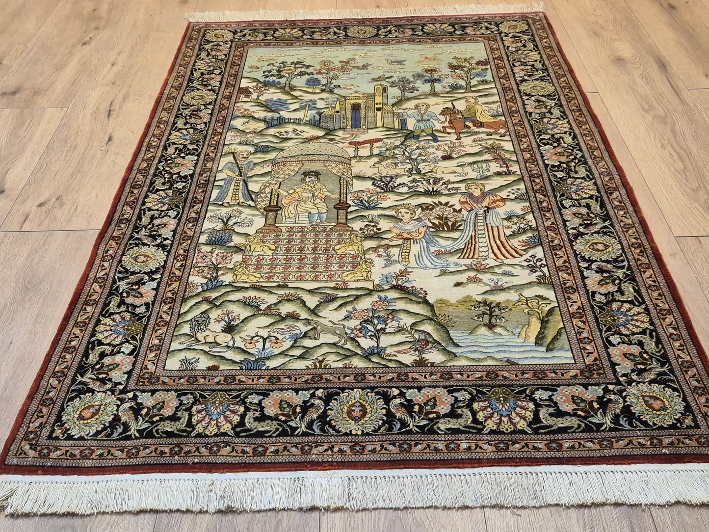 Ghom Teppich Seide auf Seide figürliche Darstellung feine Knüpfung