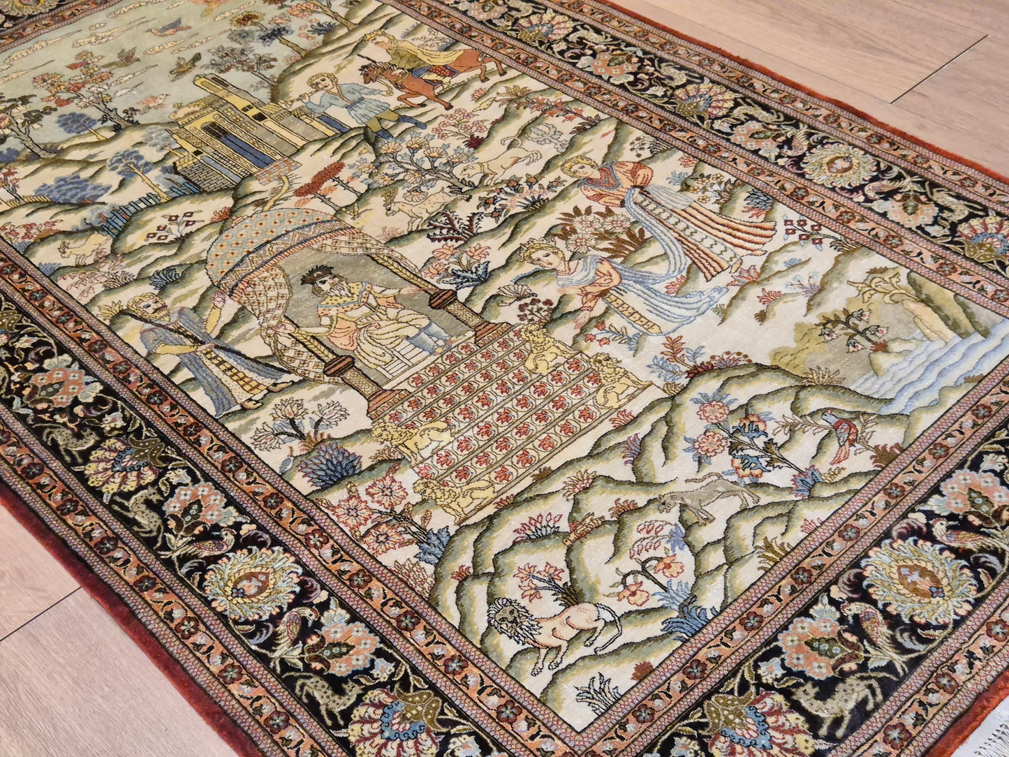 Ghom Teppich Seide auf Seide figürliche Darstellung feine Knüpfung