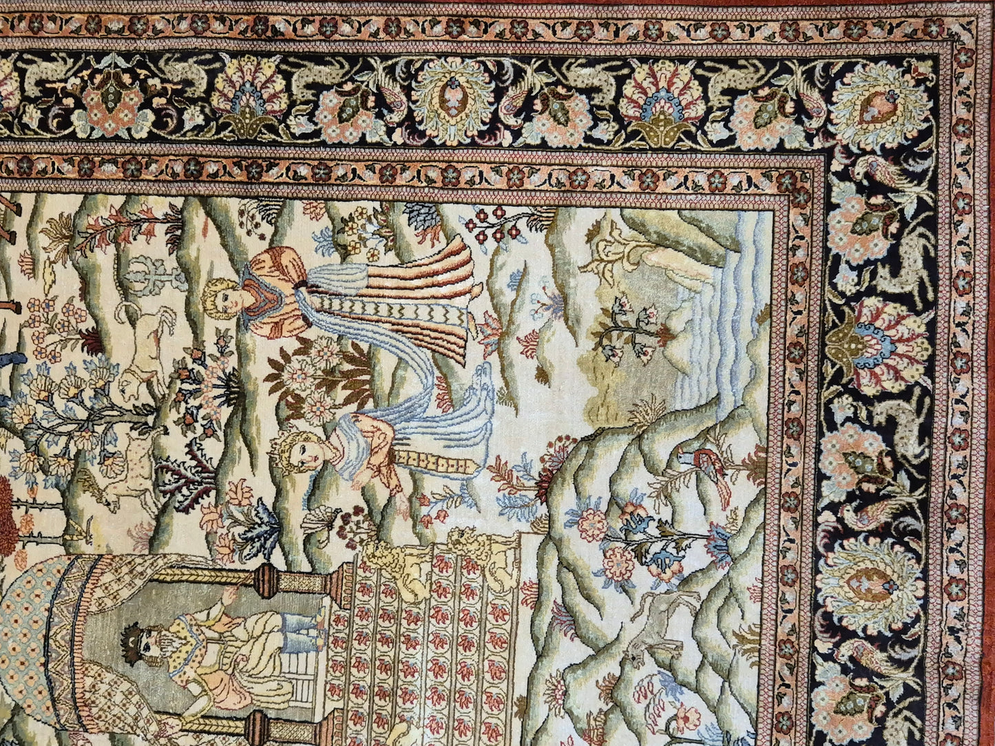 Ghom Teppich Seide auf Seide figürliche Darstellung feine Knüpfung