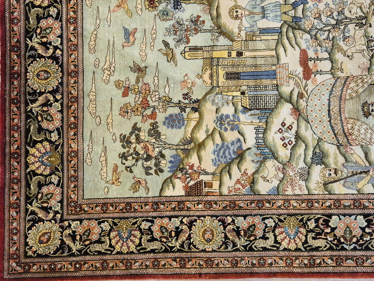 Ghom Teppich Seide auf Seide figürliche Darstellung feine Knüpfung