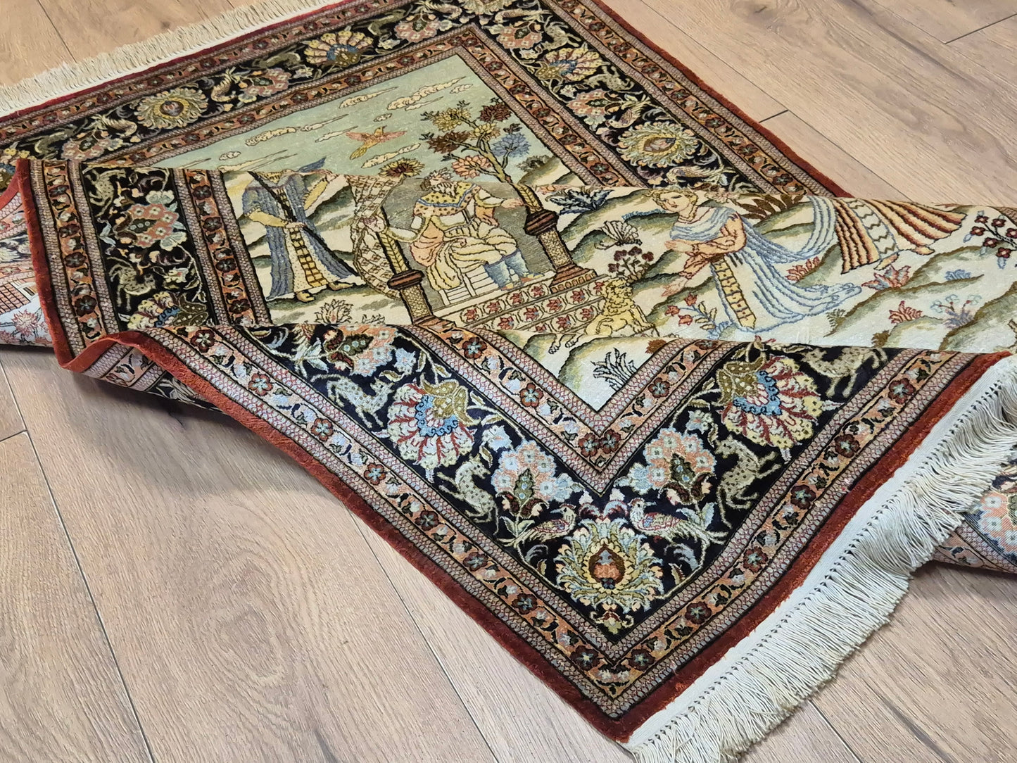 Ghom Teppich Seide auf Seide figürliche Darstellung feine Knüpfung