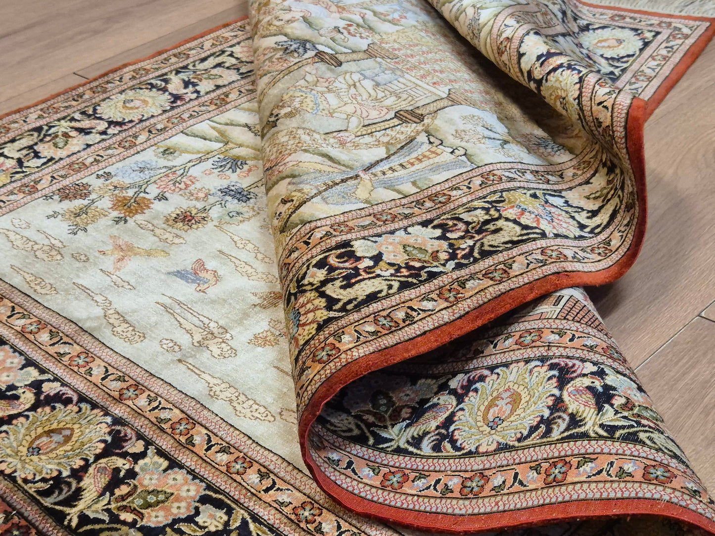 Ghom Teppich Seide auf Seide figürliche Darstellung feine Knüpfung