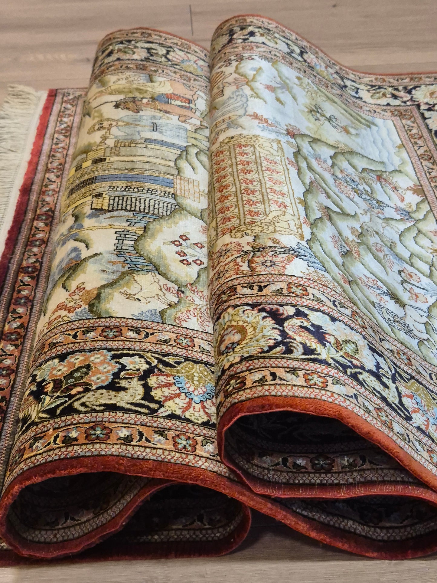 Ghom Teppich Seide auf Seide figürliche Darstellung feine Knüpfung