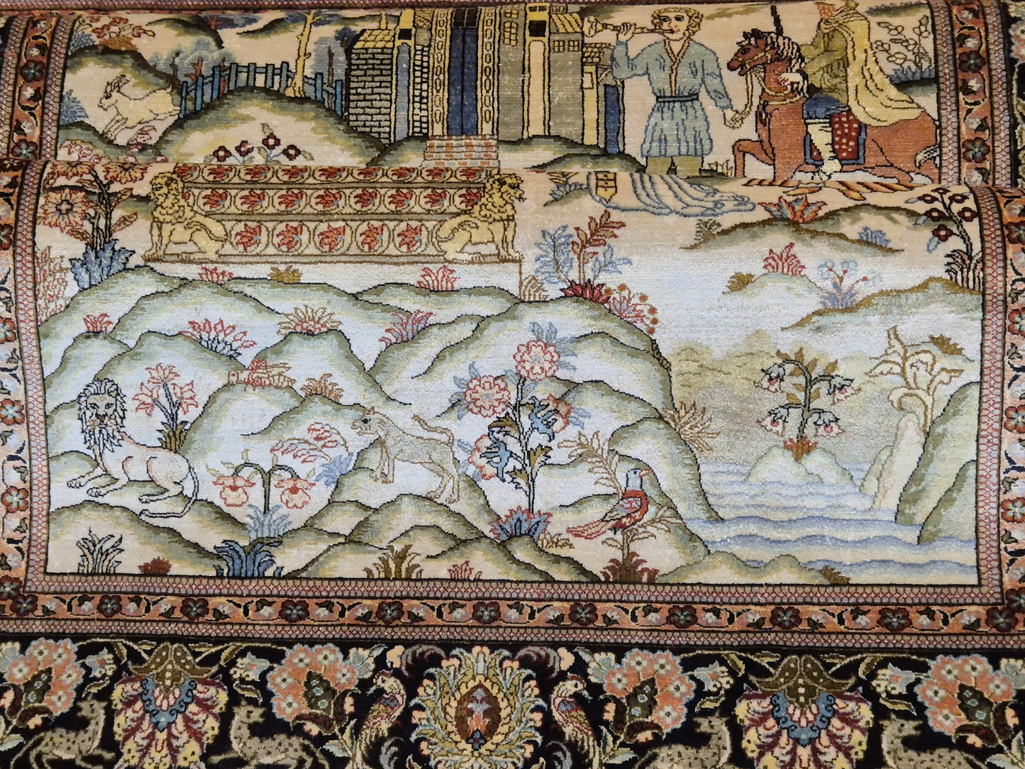 Ghom Teppich Seide auf Seide figürliche Darstellung feine Knüpfung