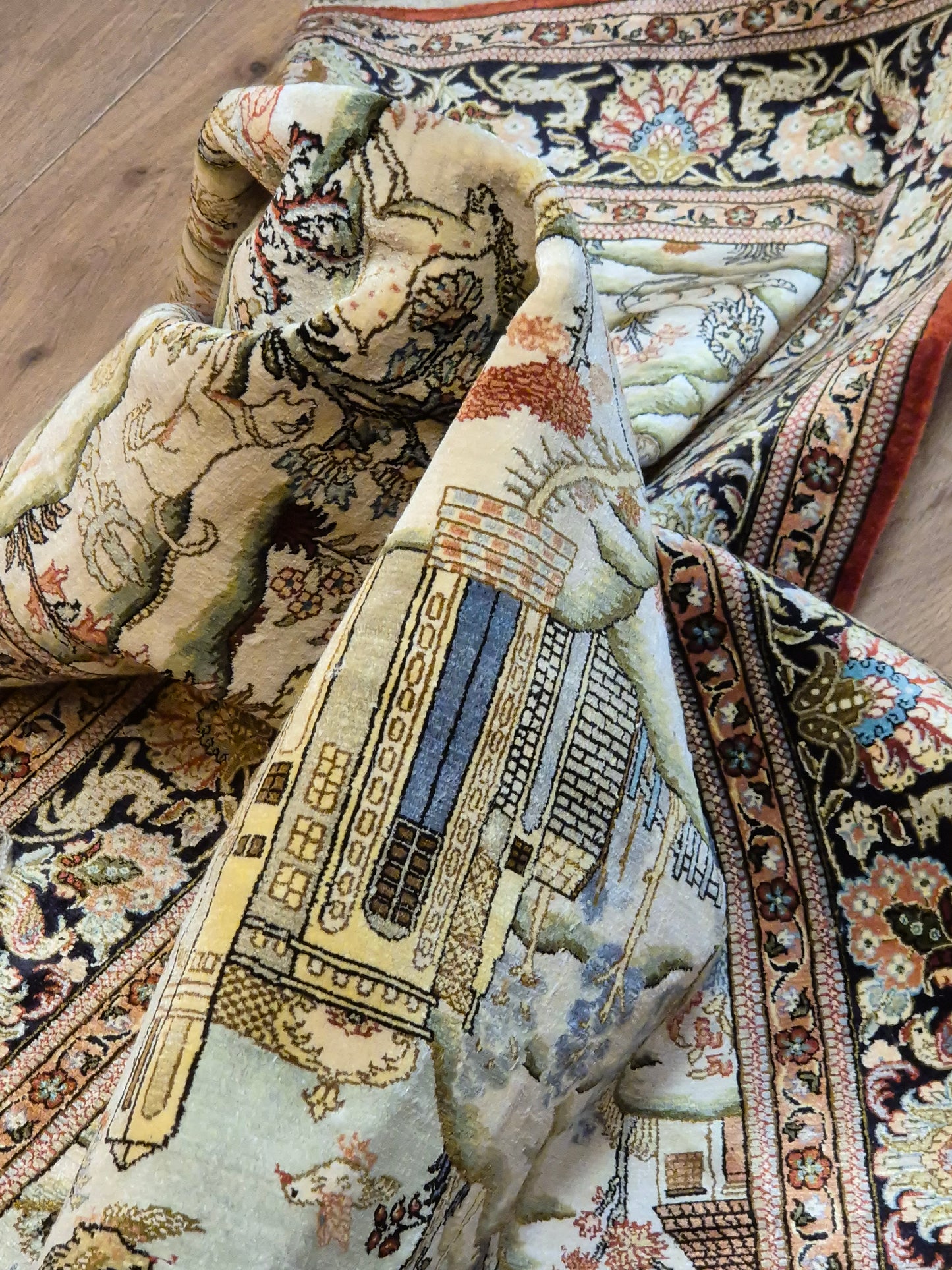 Ghom Teppich Seide auf Seide figürliche Darstellung feine Knüpfung