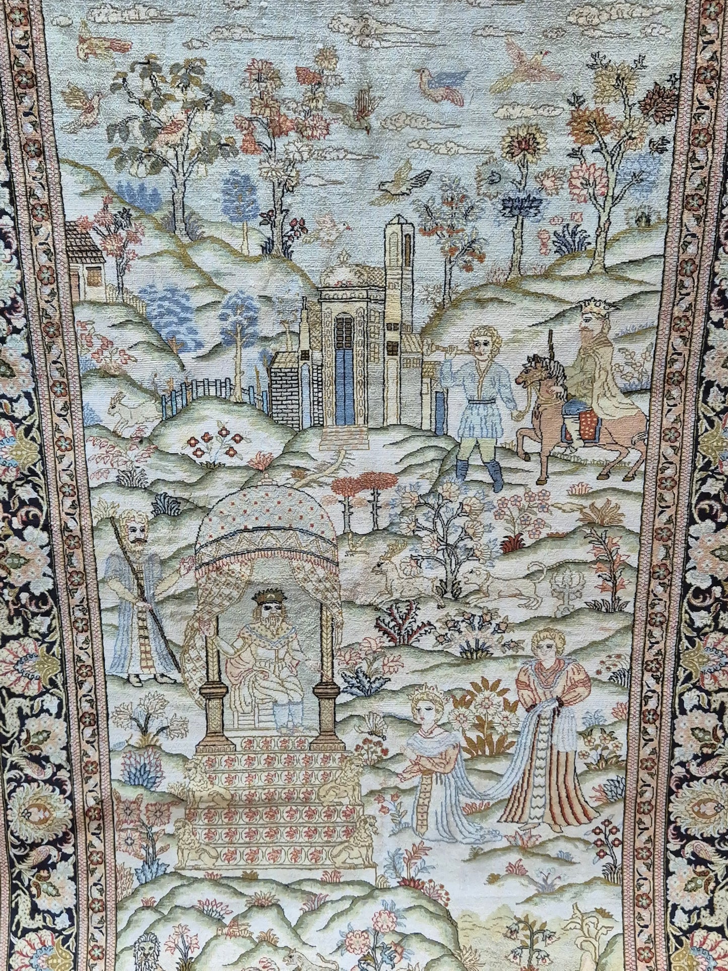 Ghom Teppich Seide auf Seide figürliche Darstellung feine Knüpfung