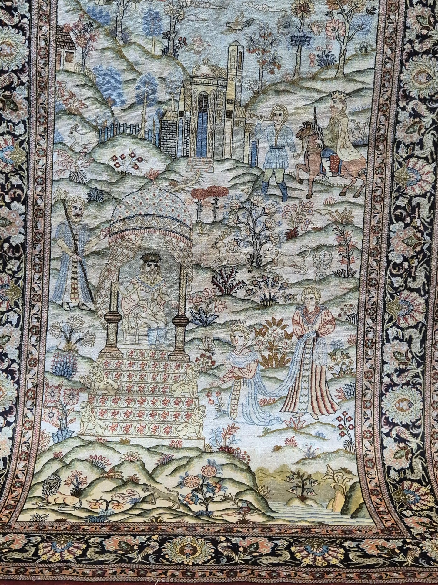 Ghom Teppich Seide auf Seide figürliche Darstellung feine Knüpfung