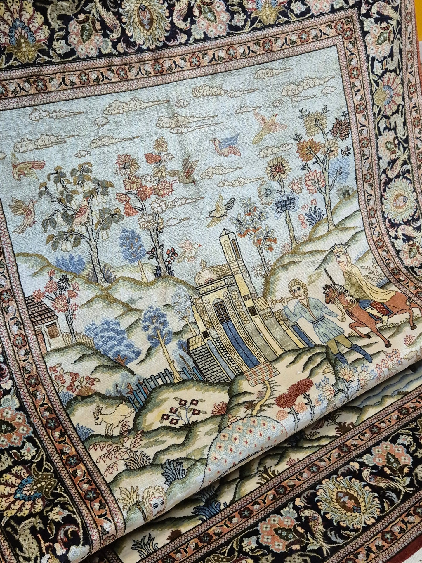 Ghom Teppich Seide auf Seide figürliche Darstellung feine Knüpfung