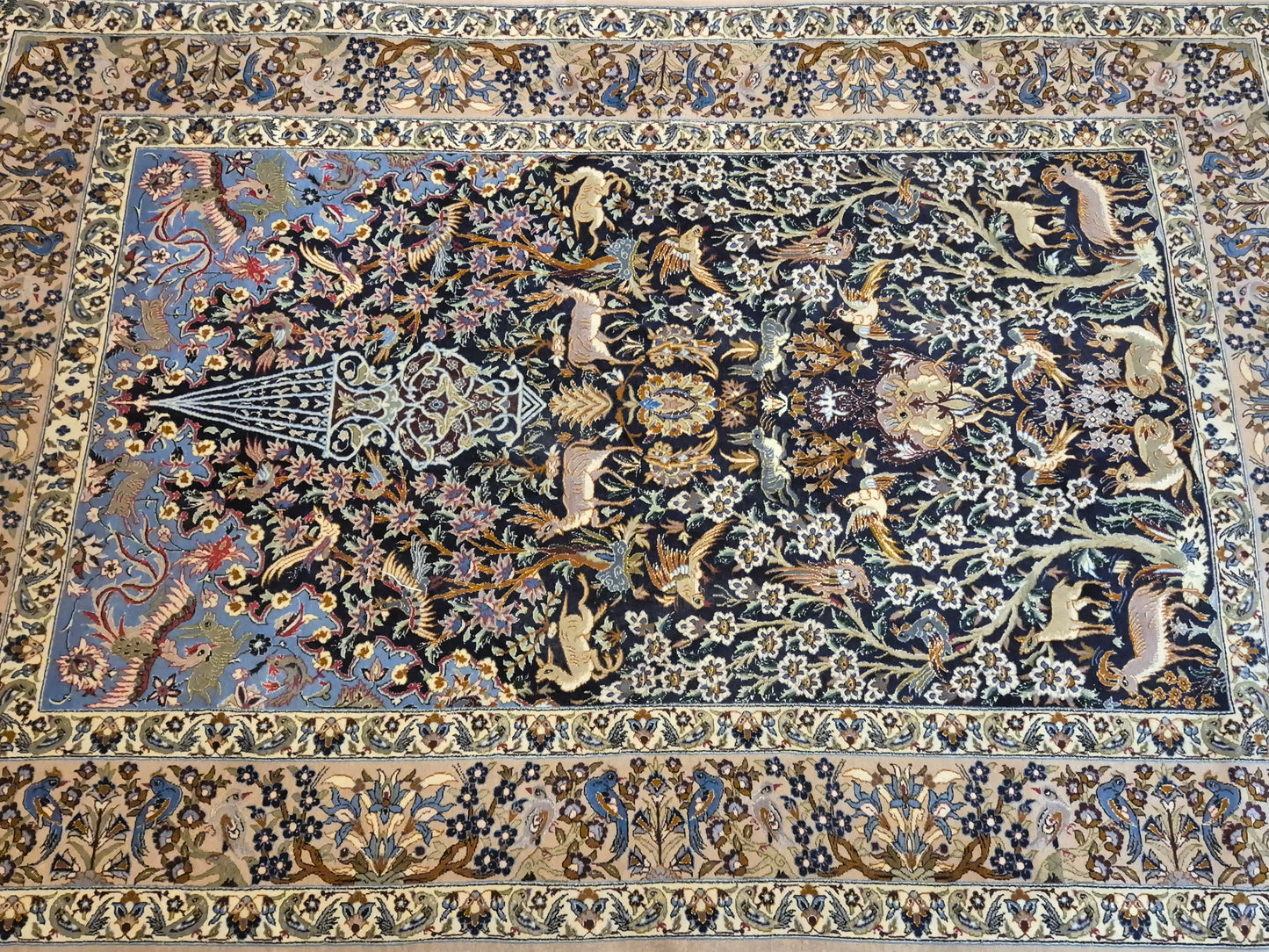 Isfahan Teppich – Korkwolle mit Seide, Jagdszene, feine Knüpfung