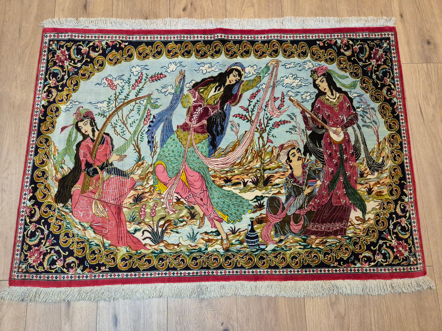 Ghom Teppich reine Seide figürliche Darstellung feine Knüpfung