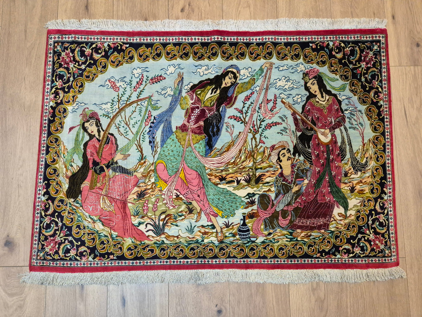 Ghom Teppich reine Seide figürliche Darstellung feine Knüpfung