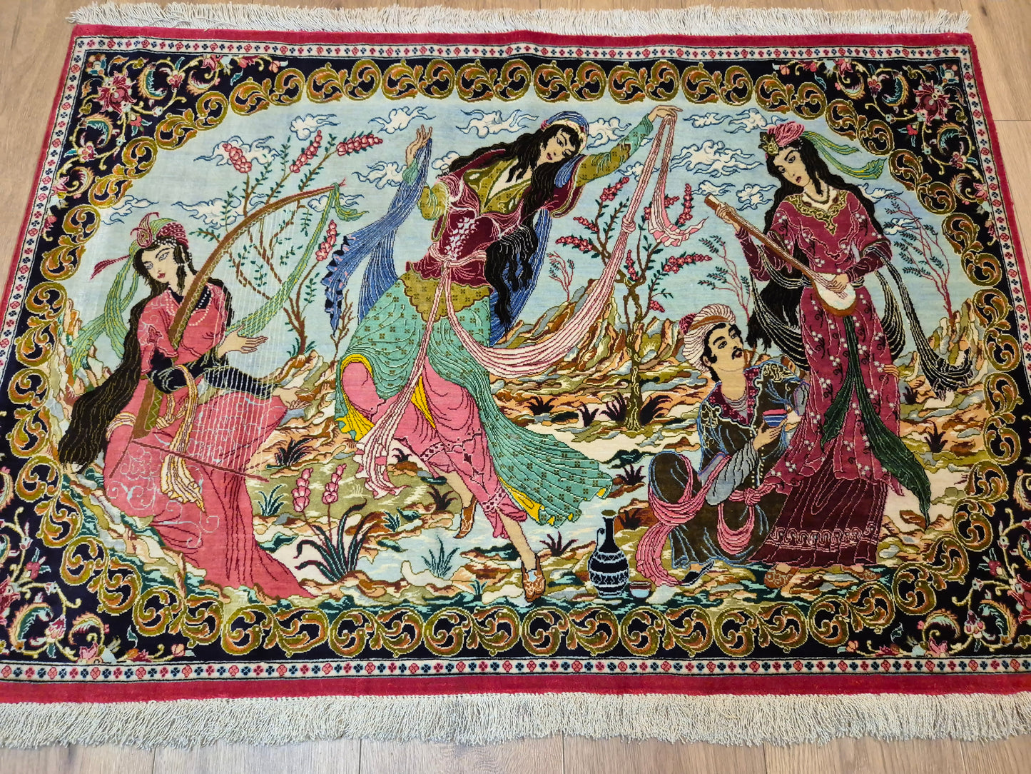 Ghom Teppich reine Seide figürliche Darstellung feine Knüpfung