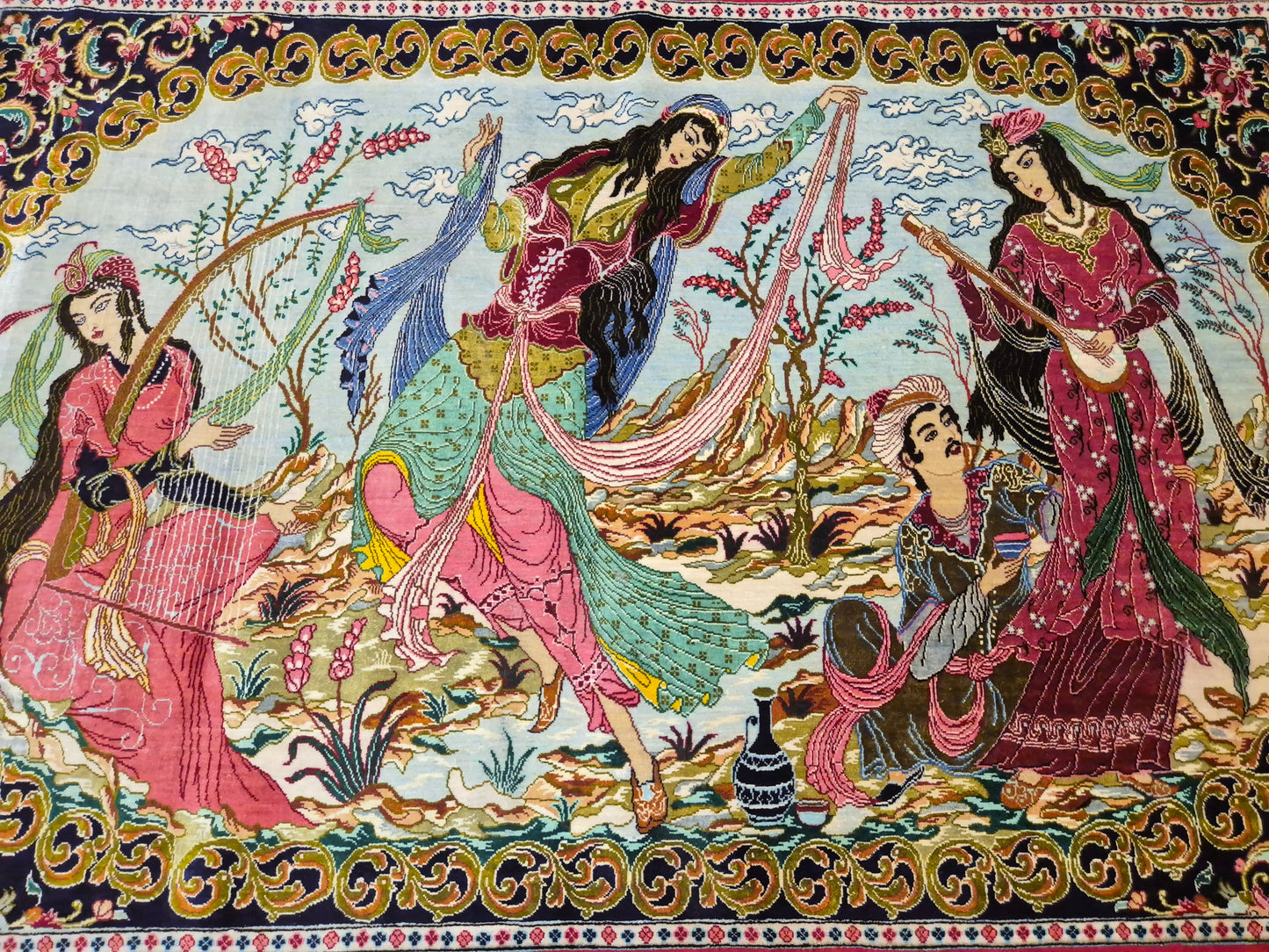 Ghom Teppich reine Seide figürliche Darstellung feine Knüpfung