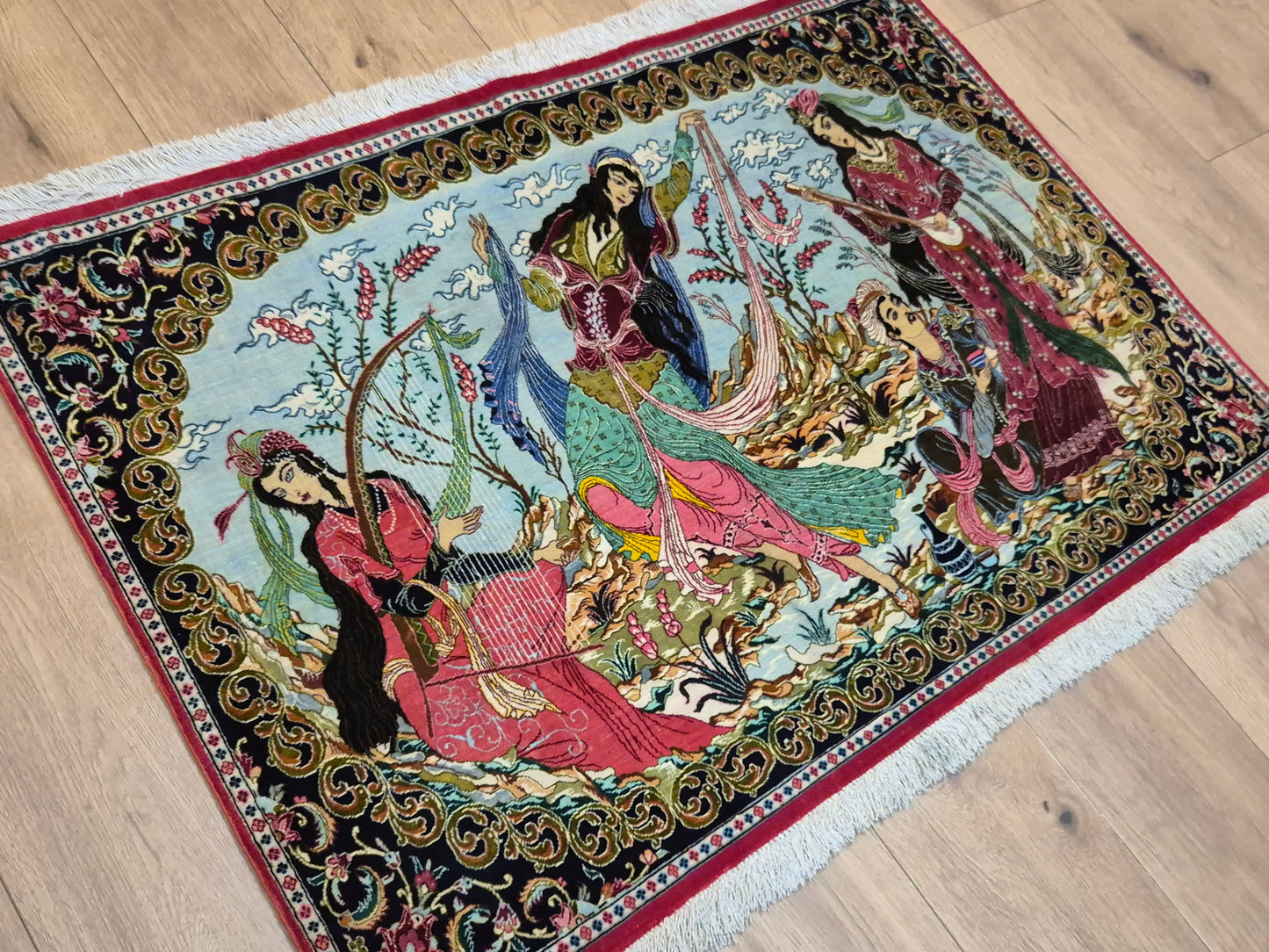 Ghom Teppich reine Seide figürliche Darstellung feine Knüpfung