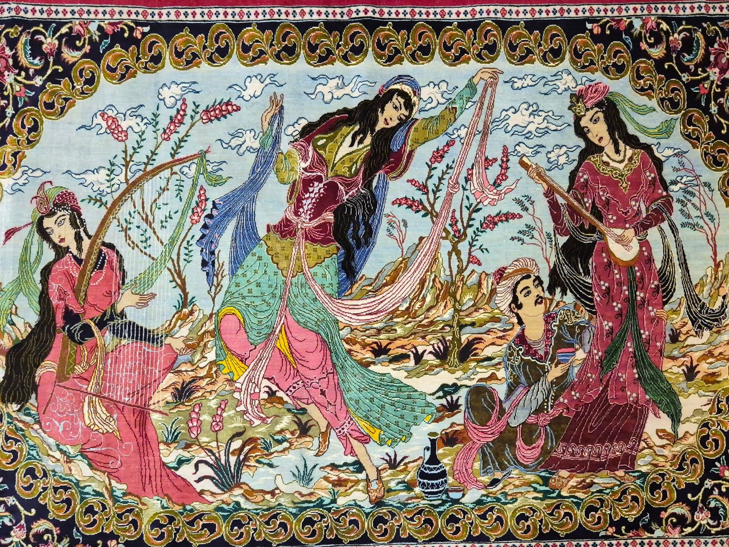 Ghom Teppich reine Seide figürliche Darstellung feine Knüpfung