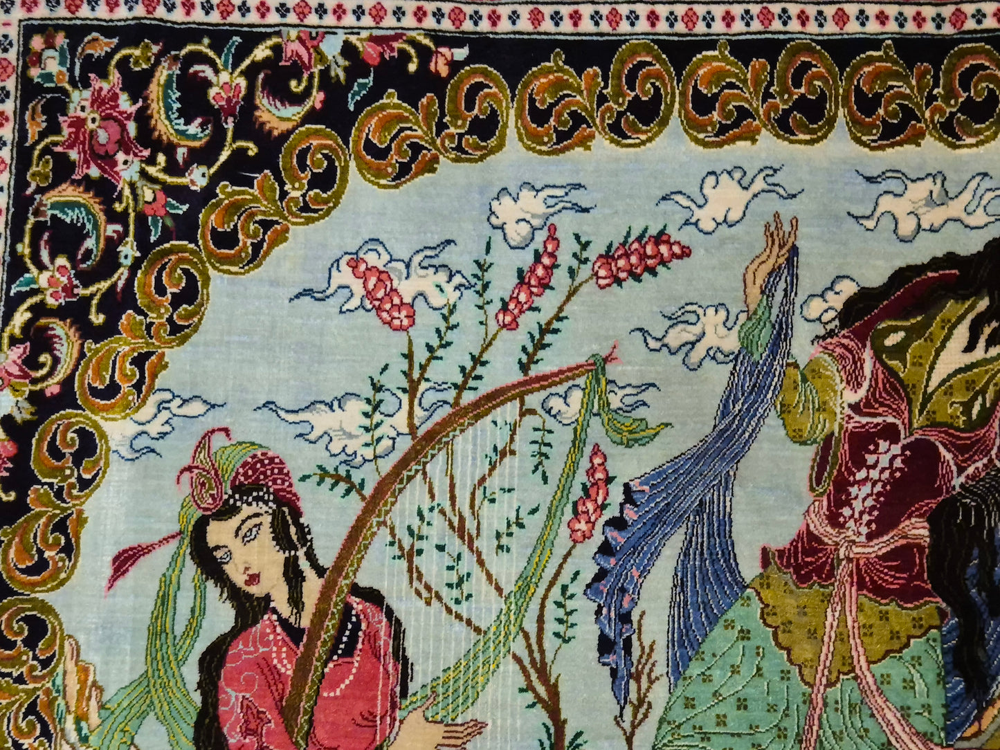 Ghom Teppich reine Seide figürliche Darstellung feine Knüpfung