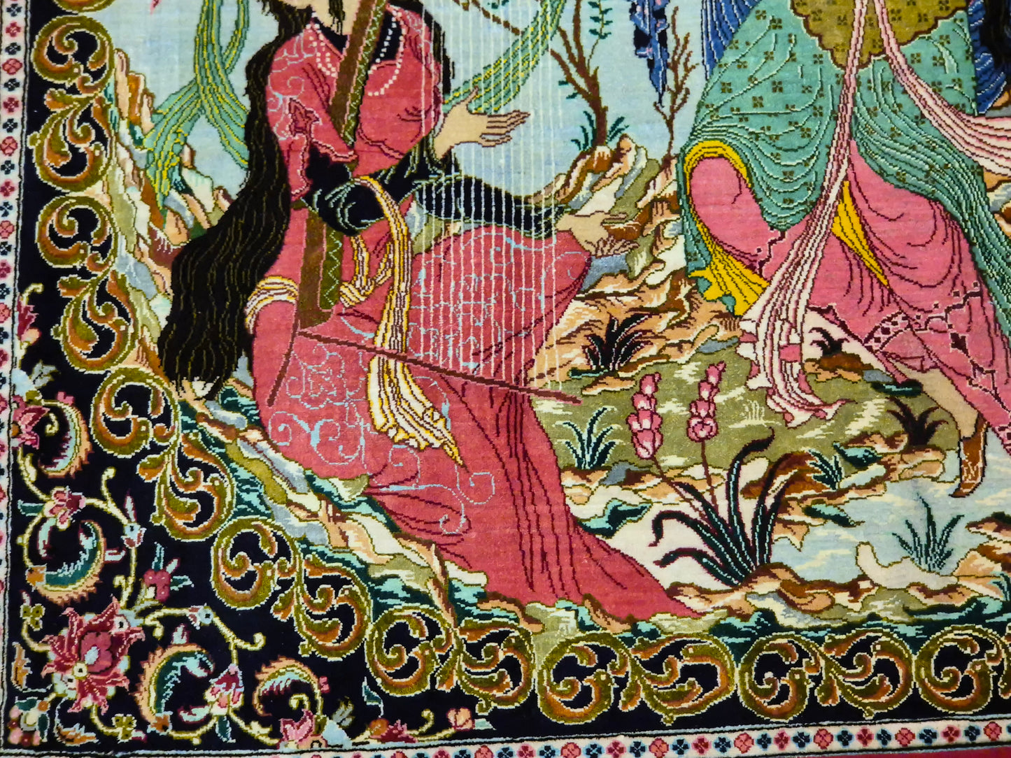 Ghom Teppich reine Seide figürliche Darstellung feine Knüpfung