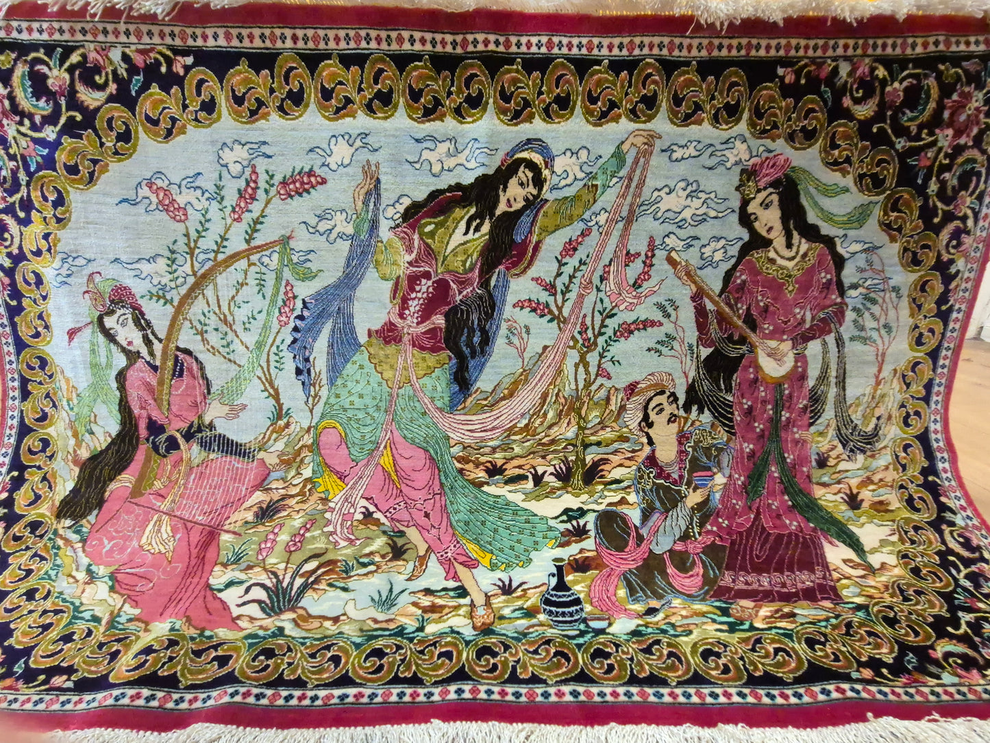 Ghom Teppich reine Seide figürliche Darstellung feine Knüpfung