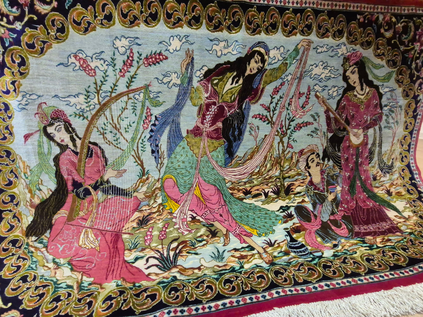 Ghom Teppich reine Seide figürliche Darstellung feine Knüpfung