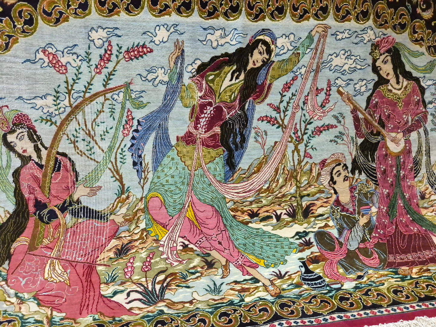 Ghom Teppich reine Seide figürliche Darstellung feine Knüpfung