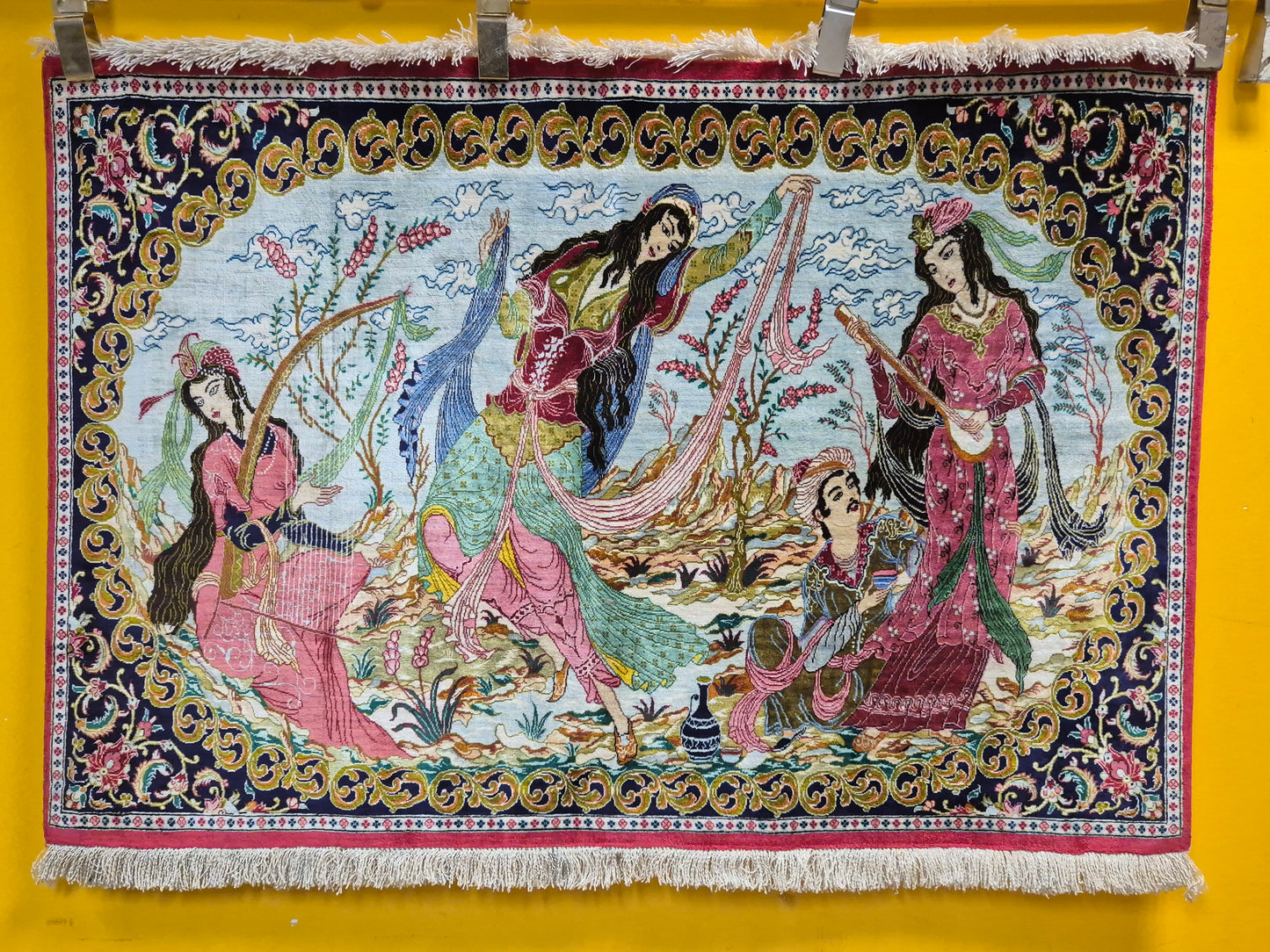 Ghom Teppich reine Seide figürliche Darstellung feine Knüpfung