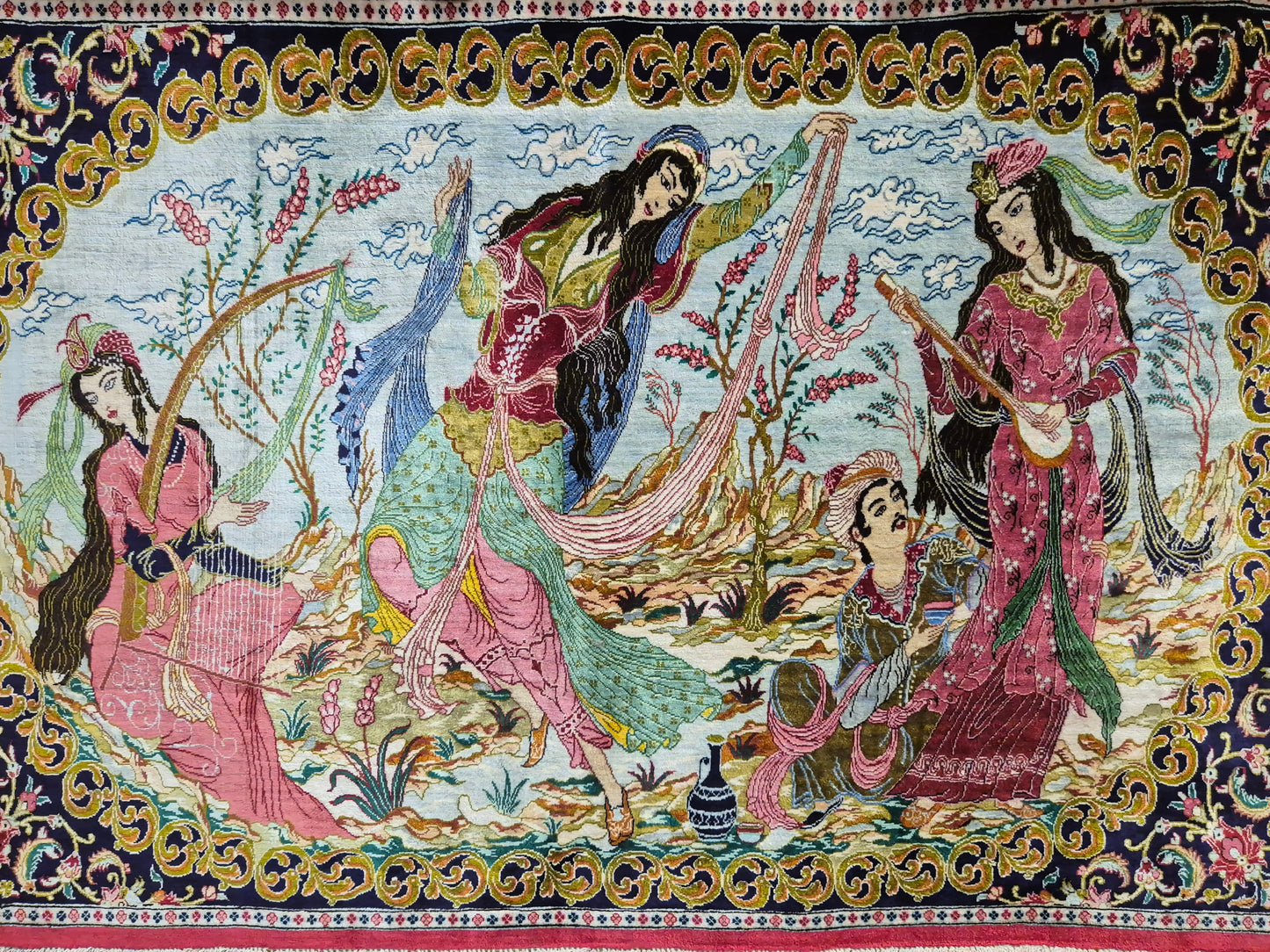 Ghom Teppich reine Seide figürliche Darstellung feine Knüpfung