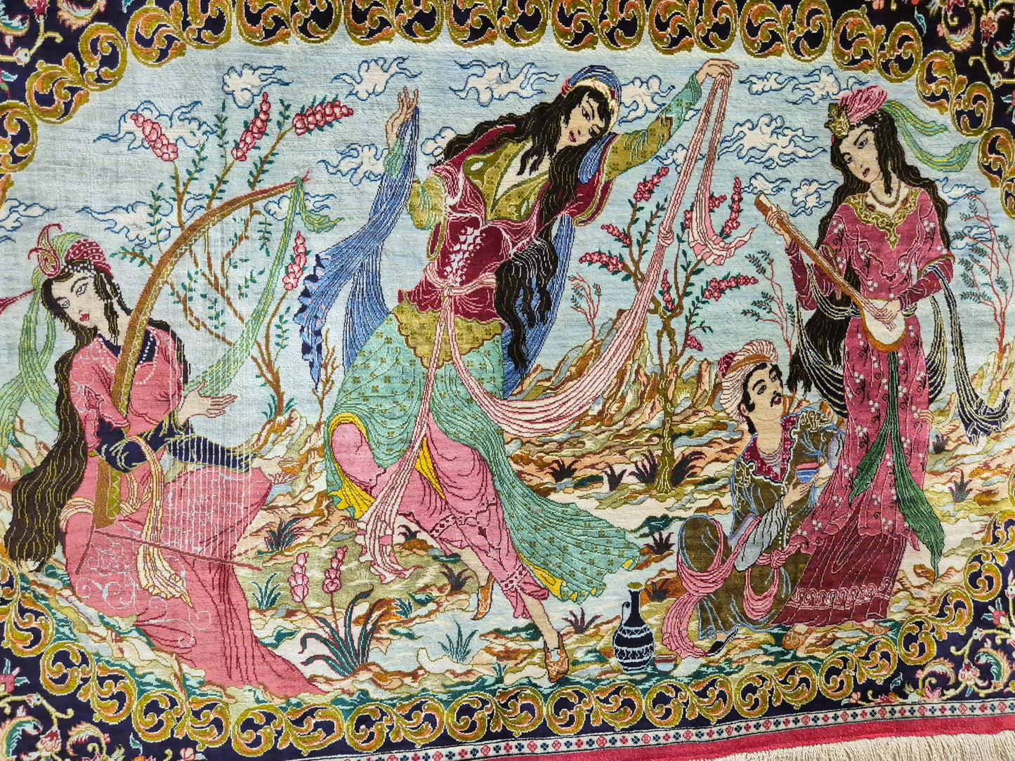 Ghom Teppich reine Seide figürliche Darstellung feine Knüpfung