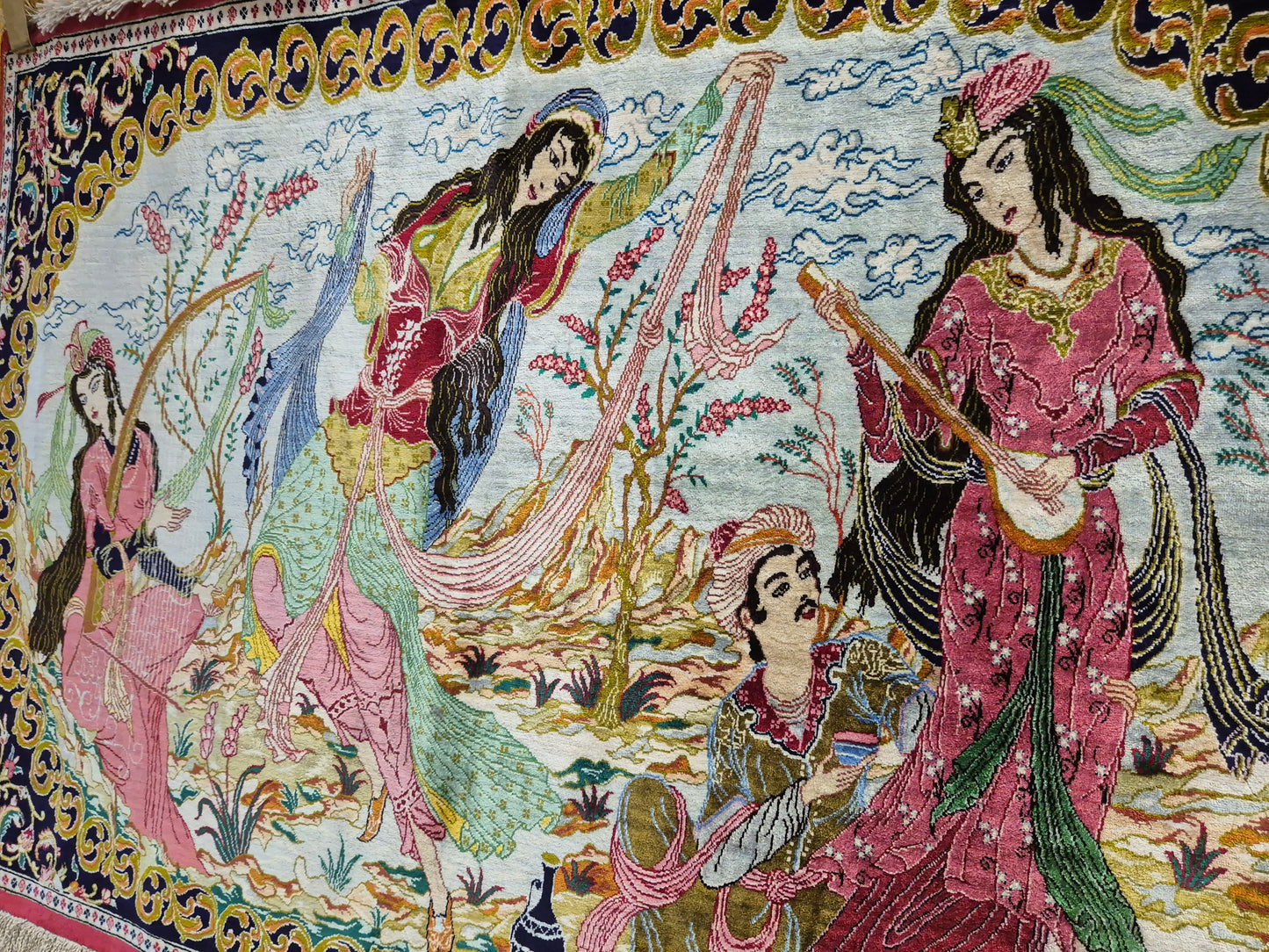 Ghom Teppich reine Seide figürliche Darstellung feine Knüpfung