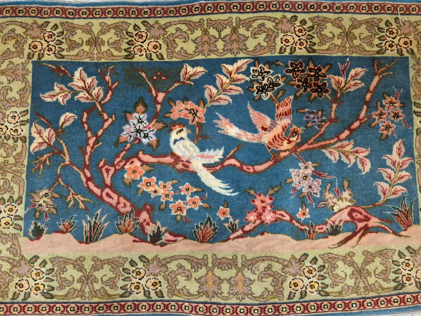 Täbriz Teppich Korkwolle Vogel-Motiv feine Handknüpfung