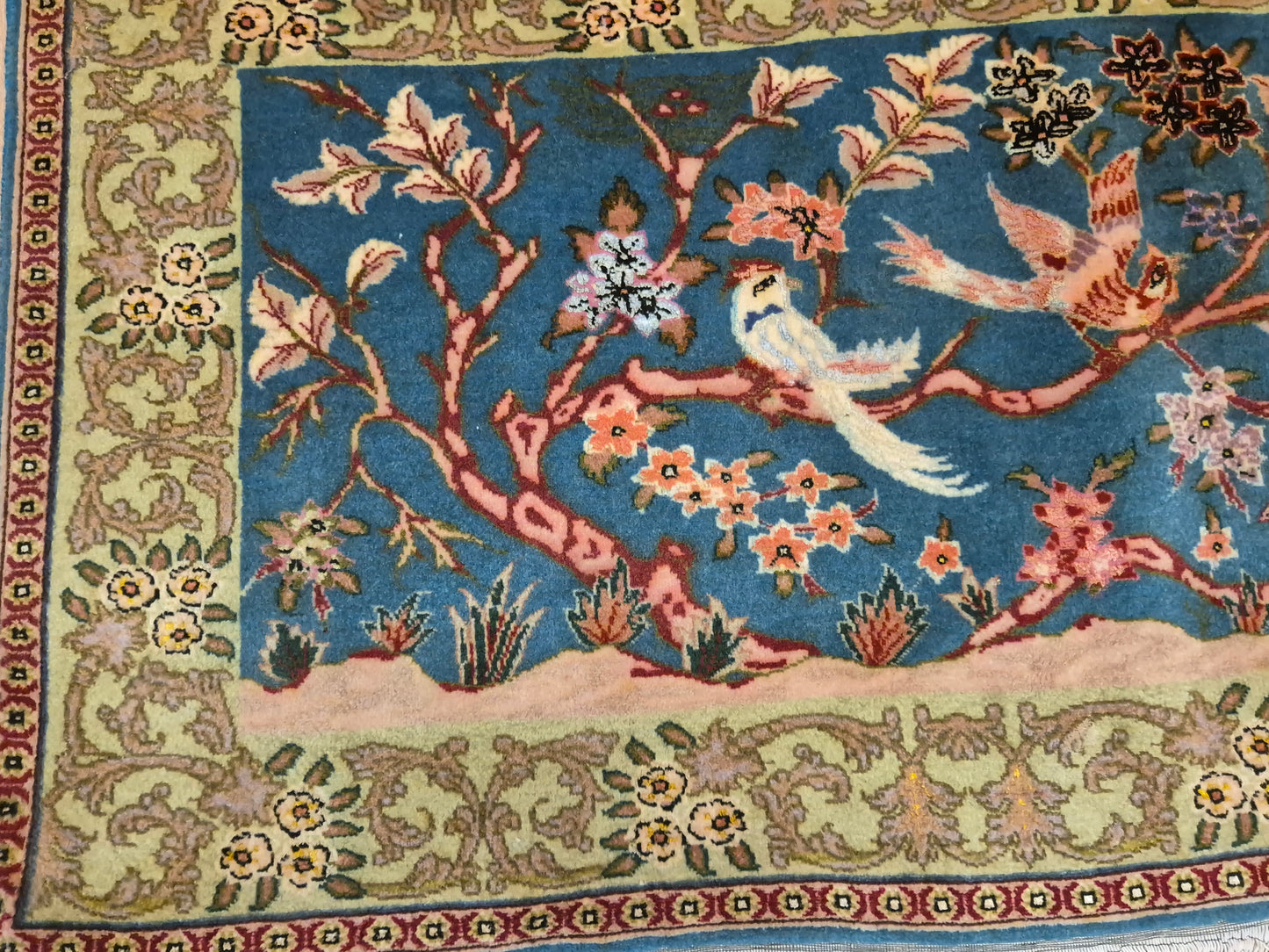 Täbriz Teppich Korkwolle Vogel-Motiv feine Handknüpfung