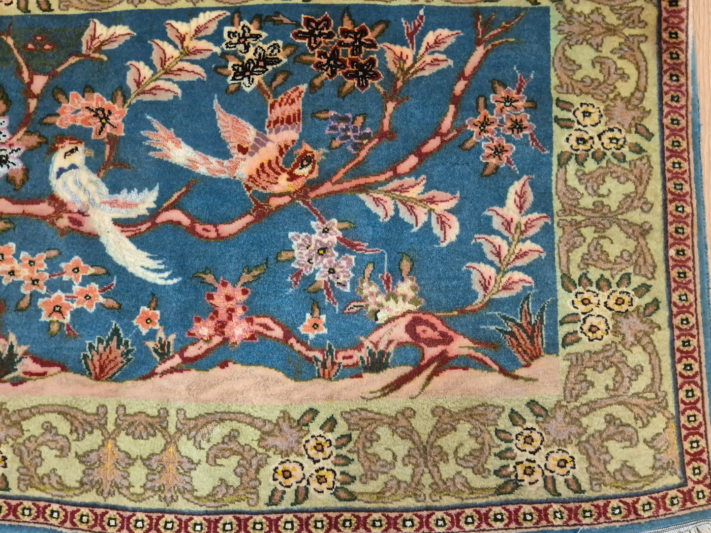 Täbriz Teppich Korkwolle Vogel-Motiv feine Handknüpfung