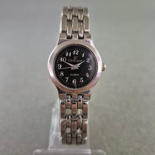 Classique Damen Quarz Armbanduhr – Edelstahl mit schwarzem Zifferblatt