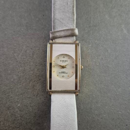 Elegante Quemex Damen Uhr mit Weißem Lederarmband